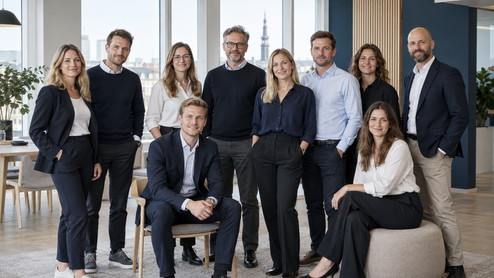 Fiktivt midlertidigt teamfoto af 10 revisorer